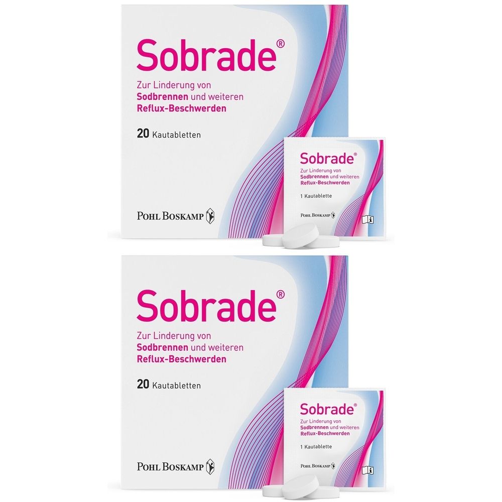 Verpackung von Sobrade® Kautabletten. Hauptverpackung mit 20 Tabletten, kleinere Packung mit 1 Tablette. Weiße Tabletten liegen daneben.