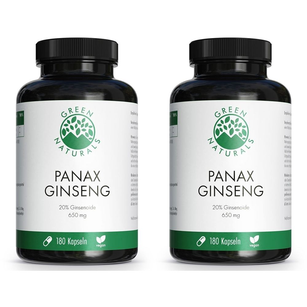 Zwei schwarze Flaschen mit weißen Etiketten. Auf den Etiketten steht "GREEN NATURALS PANAX GINSENG". Enthält 180 Kapseln, vegan.