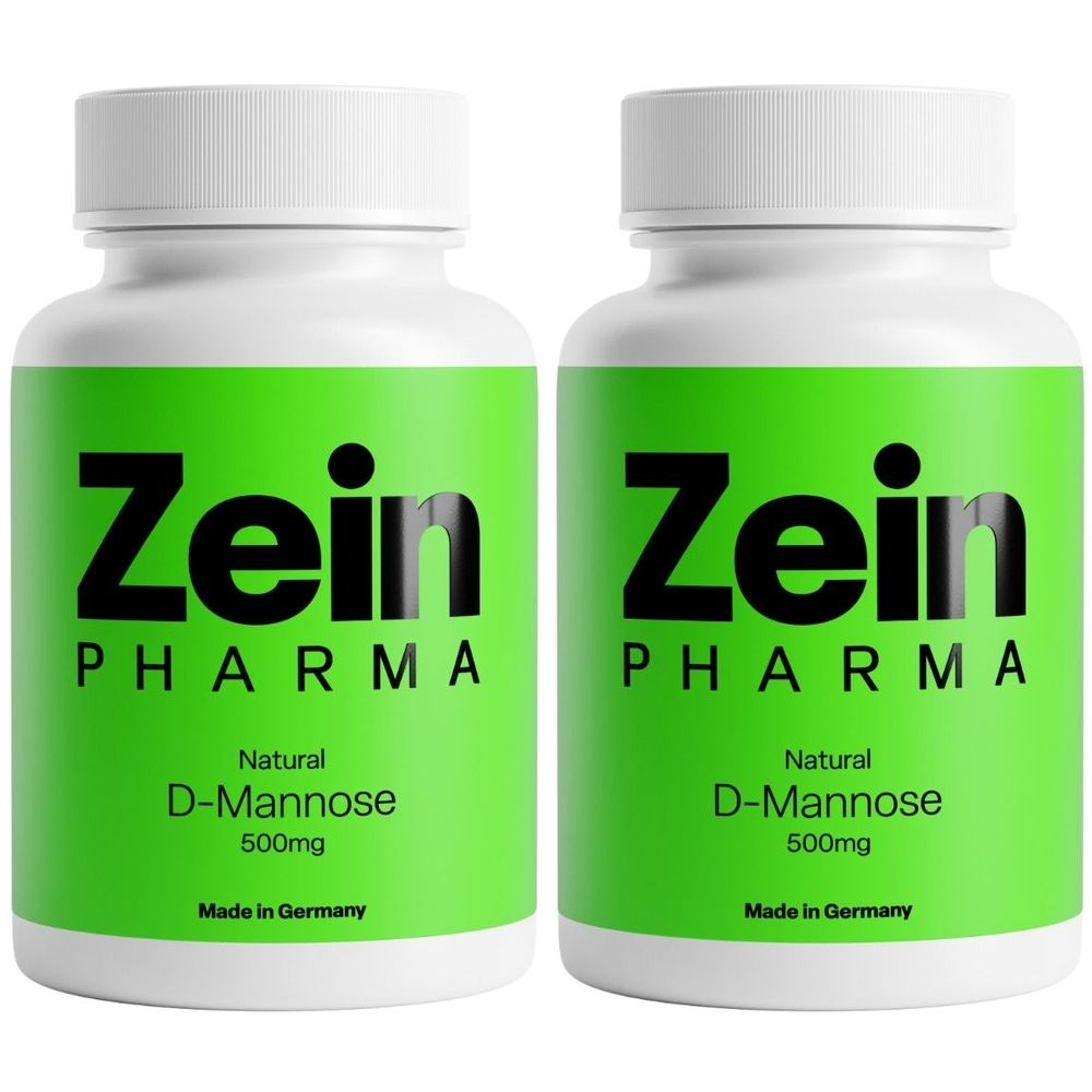 Zwei weiße Flaschen mit grünem Etikett. Aufschrift: Zein Pharma, Natural D-Mannose 500mg. Hergestellt in Deutschland.