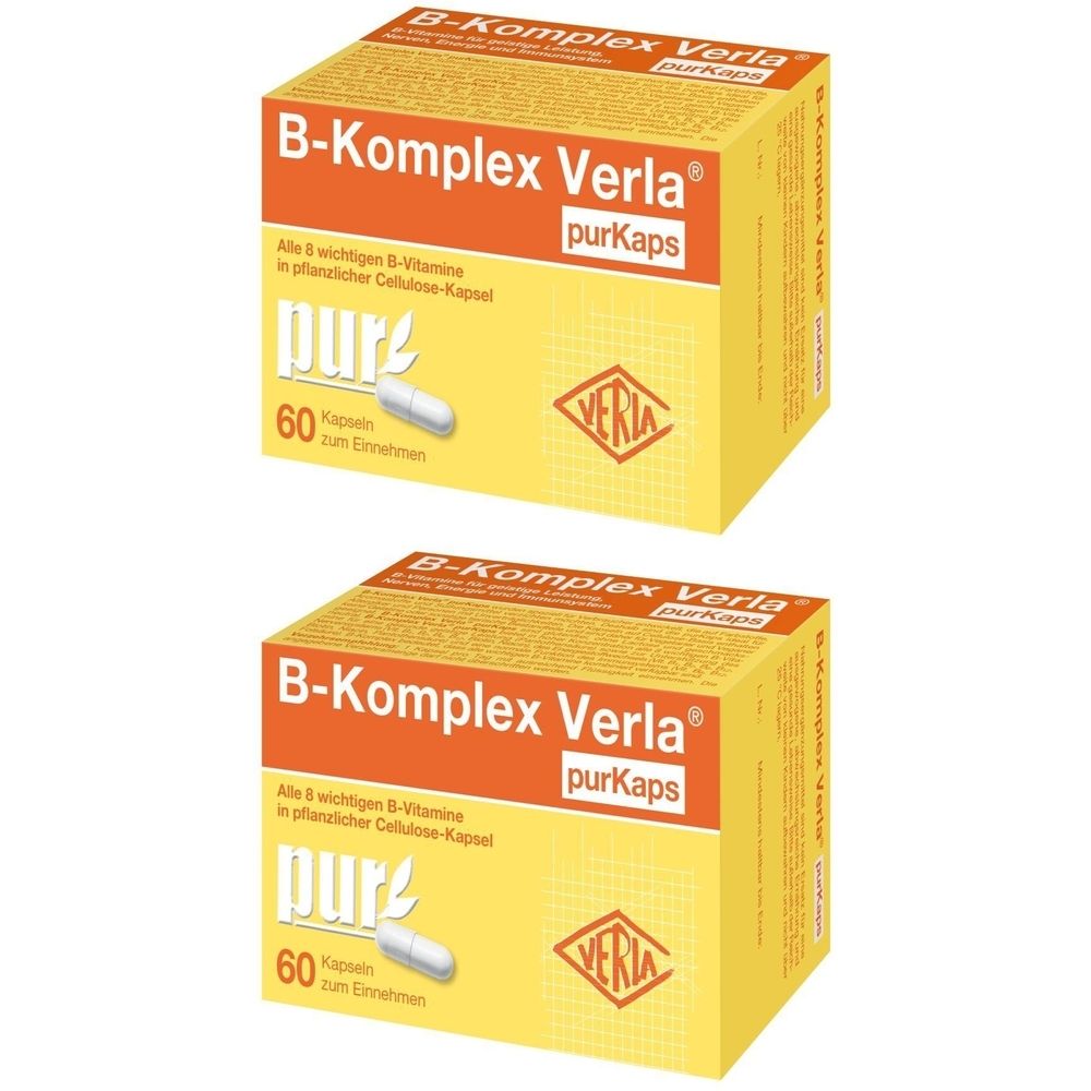 Zwei gelbe Kartons mit der Aufschrift "B-Komplex Verla". Auf jedem Karton sind Kapseln und das Logo "VERLA" abgebildet.