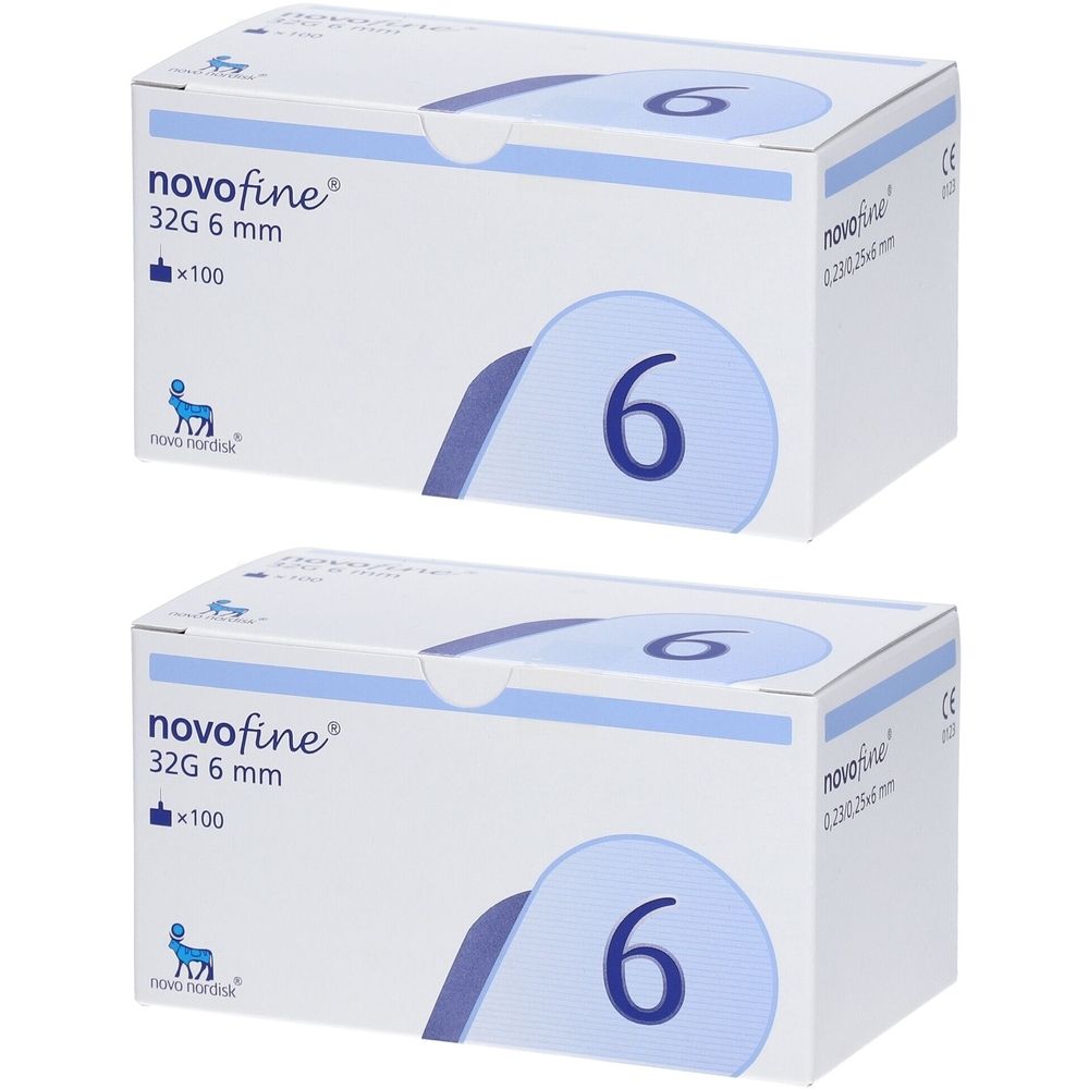 Zwei Kartons mit Produktaufdruck. Aufschrift: novofine, 32G 6 mm, x100. Große blaue Zahl 6. CE-Kennzeichnung.