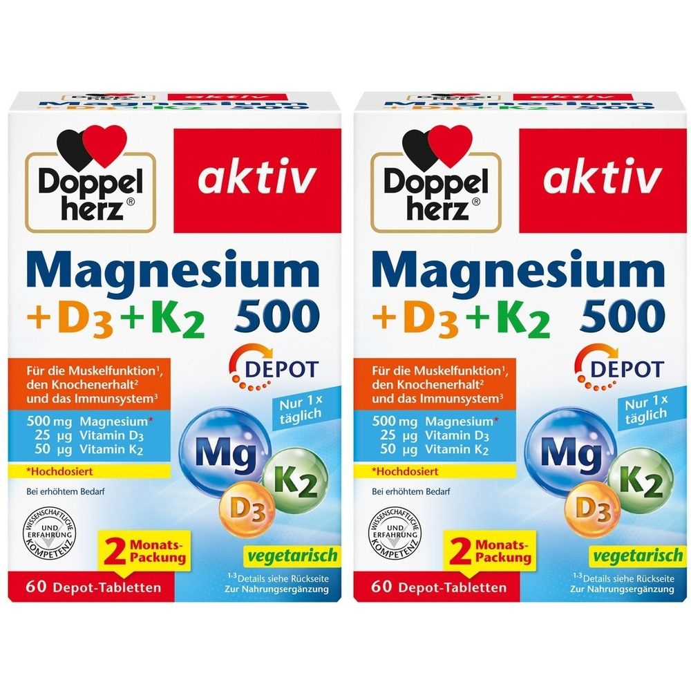 Zwei Packungen Doppelherz Magnesium + D3 + K2 500. Weiße Verpackung mit rotem Akzent. Enthält 60 Tabletten. Mit Mg, D3 und K2 Symbolen.