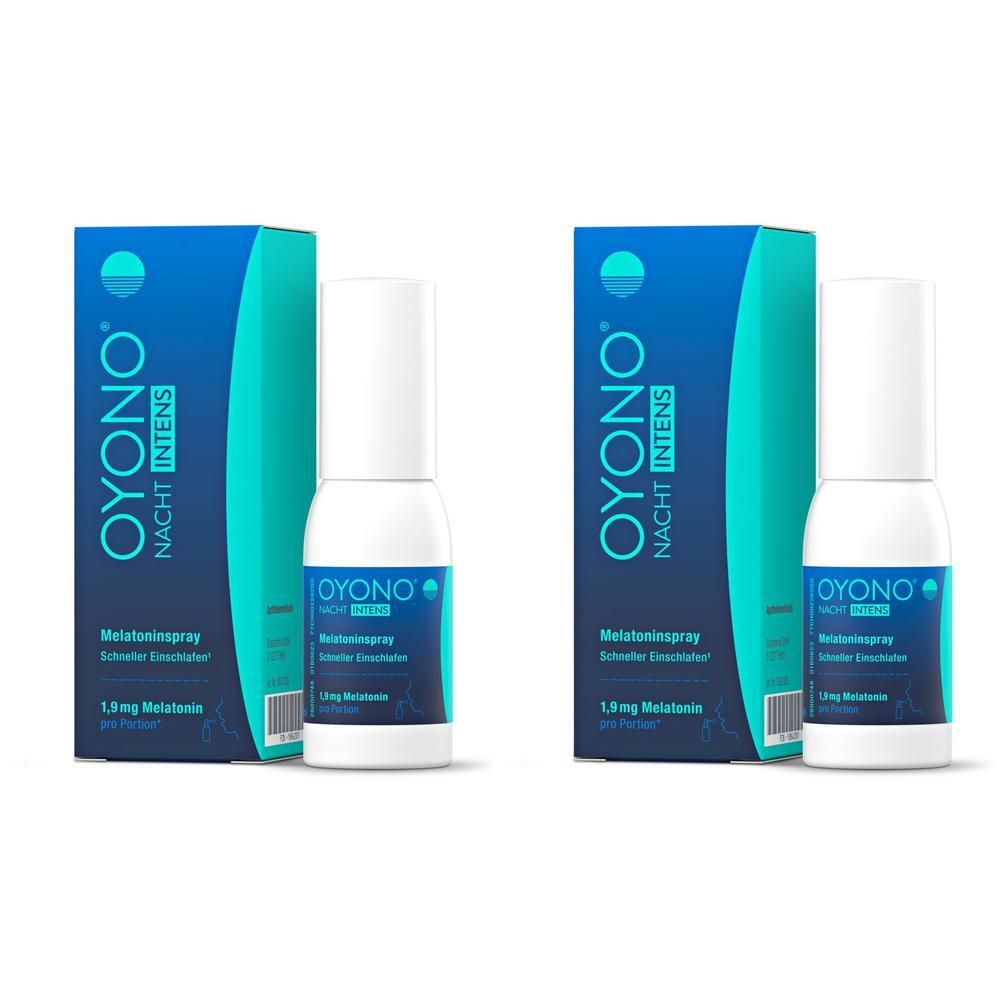 Zwei OYONO® NACHT INTENS Melatoninspray-Packungen, jeweils mit Faltschachtel und Sprühflasche.