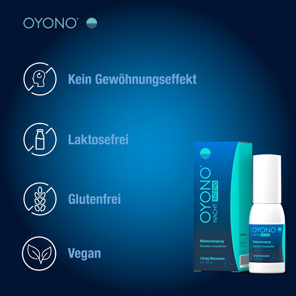 OYONO® NACHT INTENS Melatoninspray-Packung mit Icons für kein Gewöhnungseffekt, laktosefrei, glutenfrei, vegan.