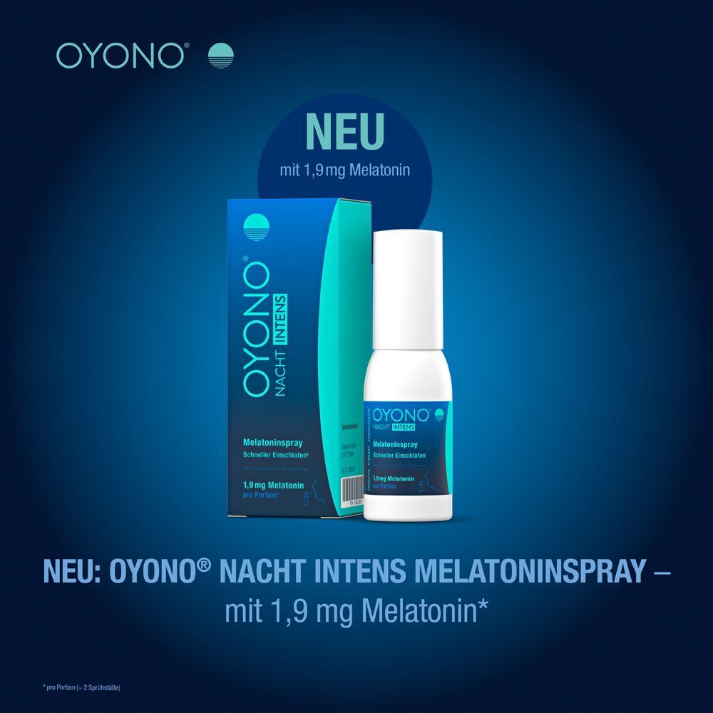 OYONO® NACHT INTENS Melatoninspray mit 1,9 mg Melatonin, neu. Faltschachtel und Sprühflasche.