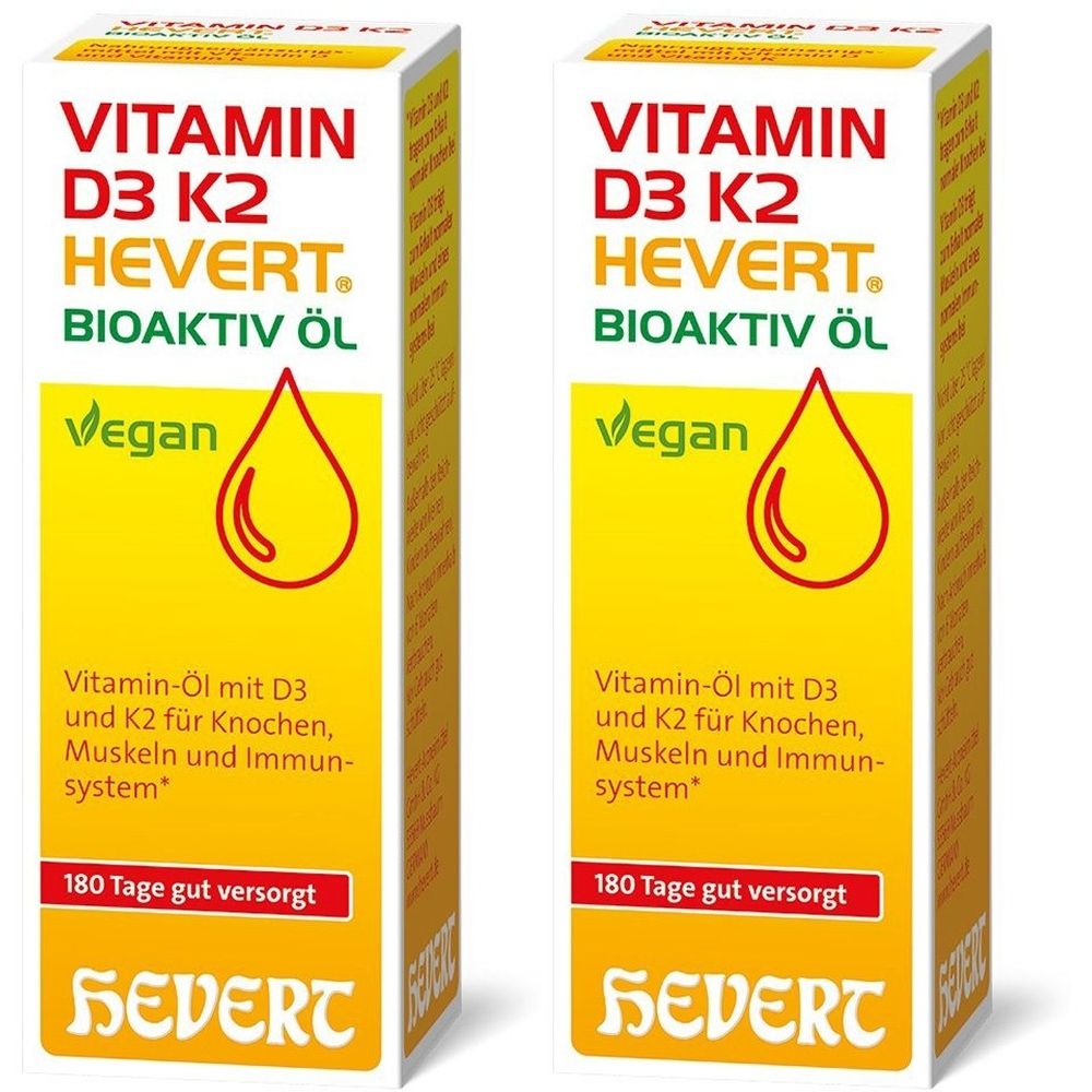Zwei identische Verpackungen von Vitamin D3 K2 Hevert Bioaktiv Öl. Aufdrucke: Vitamin D3 K2, Vegan, Tropfensymbol, 180 Tage gut versorgt.