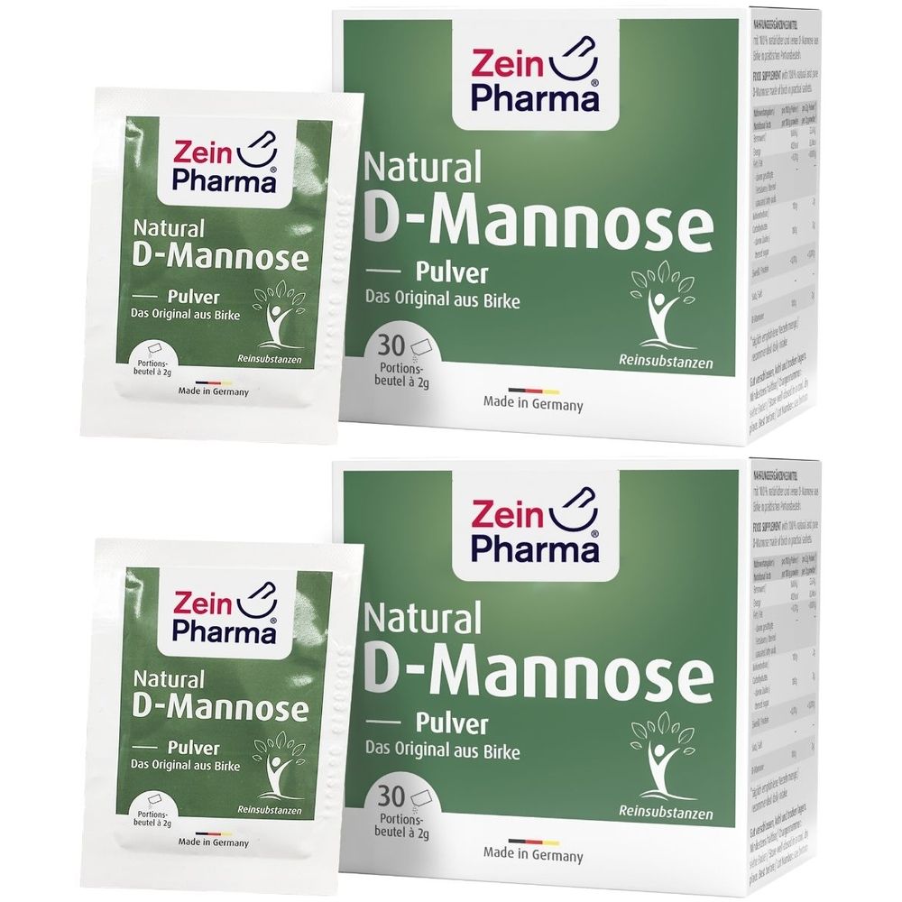 Zwei Packungen und zwei Beutel von ZeinPharma Natural D-Mannose Pulver. Grüne Verpackung mit weißer Schrift. 30 Portionen.