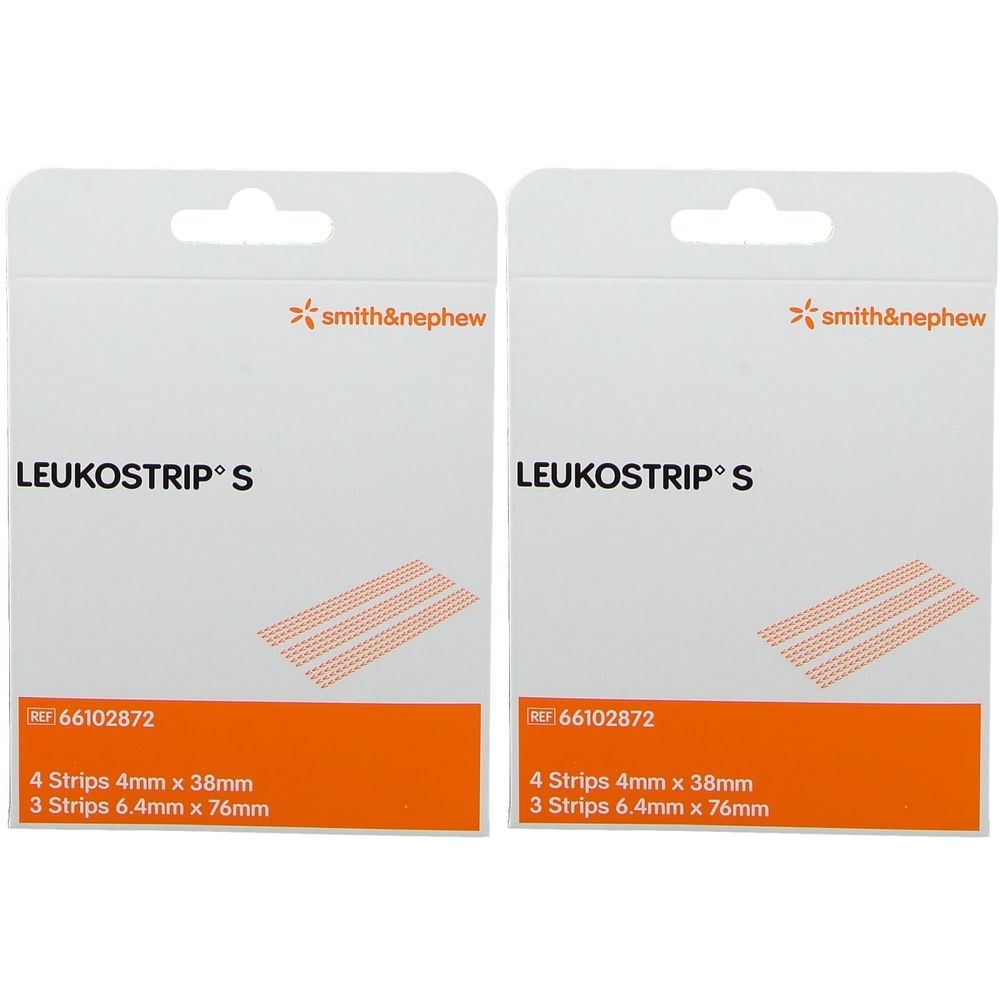 Zwei Packungen LEUKOSTRIP® S. Weiße Verpackung mit orangefarbenem Streifen. Enthält 4 Streifen 4mm x 38mm und 3 Streifen 6.4mm x 76mm.
