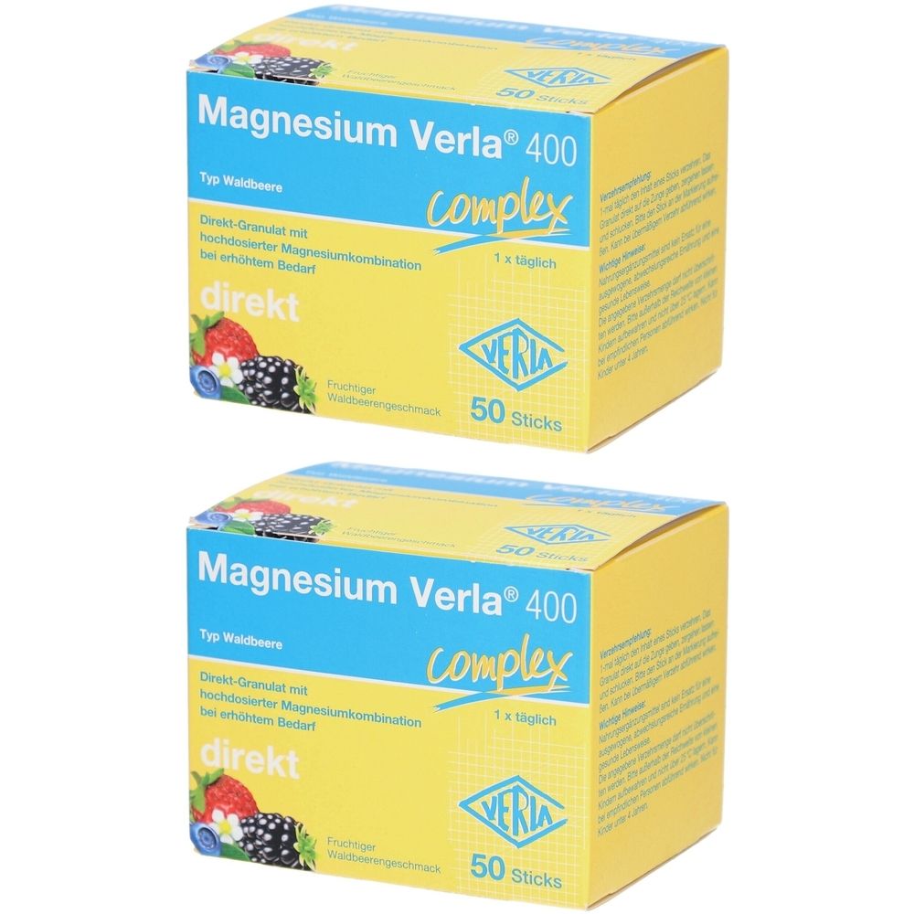 Zwei gelbe Kartons mit der Aufschrift Magnesium Verla 400 complex. Direkt-Granulat mit Waldbeergeschmack. 50 Sticks.