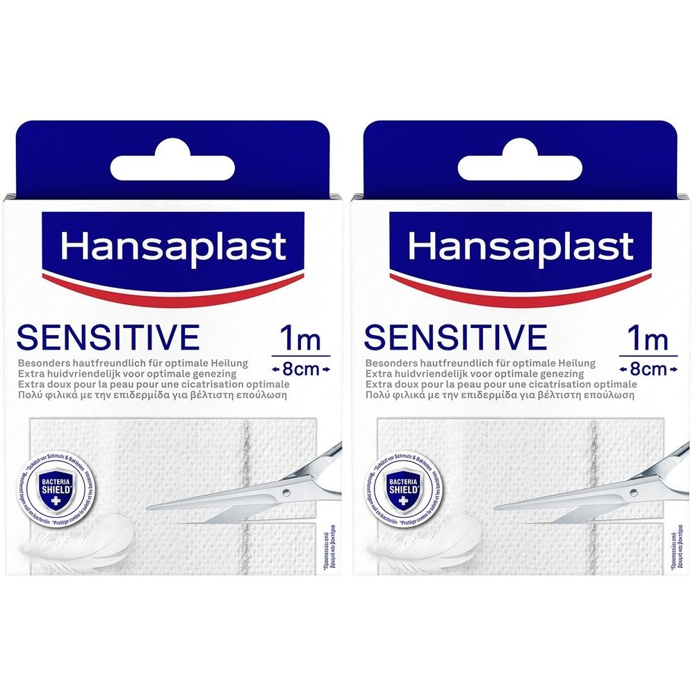 Zwei Hansaplast-Verpackungen. Aufschrift: SENSITIVE, 1m -8cm-. Mit Logo und Text in mehreren Sprachen.