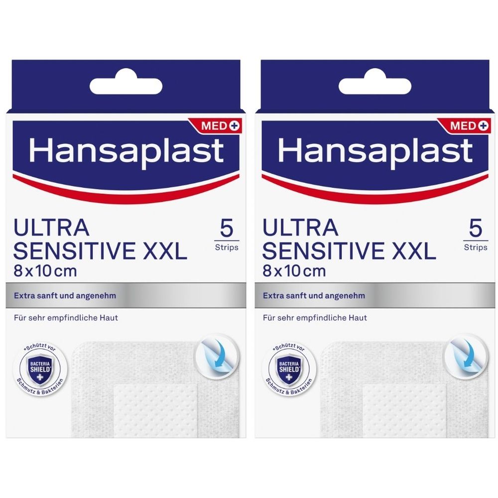 Zwei Packungen Hansaplast Ultra Sensitive XXL Wundverband. Verpackung mit Produktnamen, Größe 8x10cm und Anzahl 5 Strips.