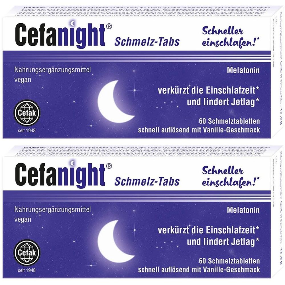 Zwei Packungen Cefanight Schmelz-Tabs. Blaue Verpackung mit Mond, Sternen und Text. Enthält Melatonin. Vegan. 60 Tabletten. Schnell auflösend mit Vanille-Geschmack.