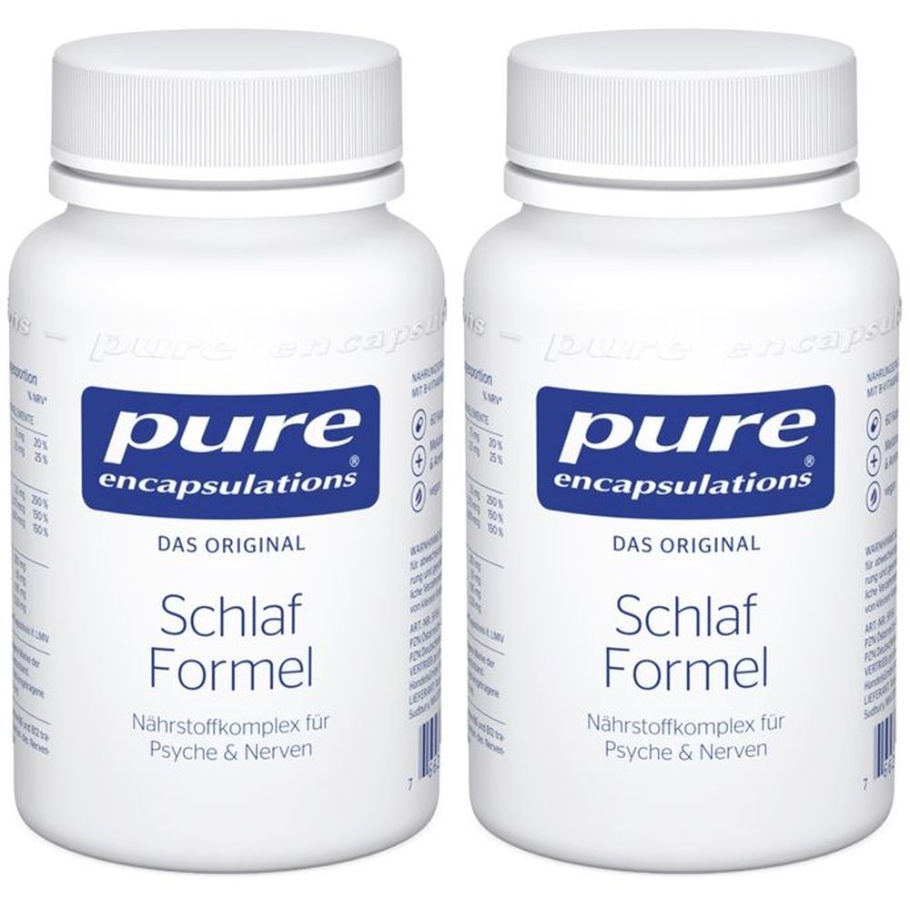 Zwei weiße Flaschen mit Schraubverschluss. Aufschrift: pure encapsulations, Schlaf Formel. Nährstoffkomplex für Psyche & Nerven.