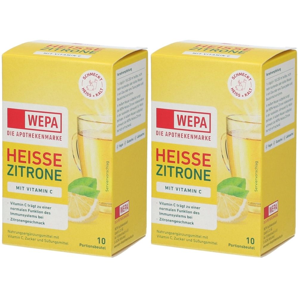 Zwei gelbe Kartons mit "WEPA HEISSE ZITRONE". Aufdruck: Glas mit Getränk, Zitrone, 10 Portionen. Mit Vitamin C.