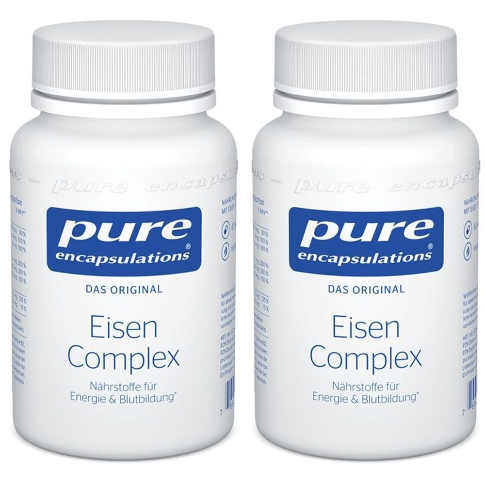 Zwei weiße Flaschen mit Schraubverschluss. Auf jeder Flasche befindet sich ein blaues Etikett mit der Aufschrift "pure encapsulations" und "Eisen Complex".