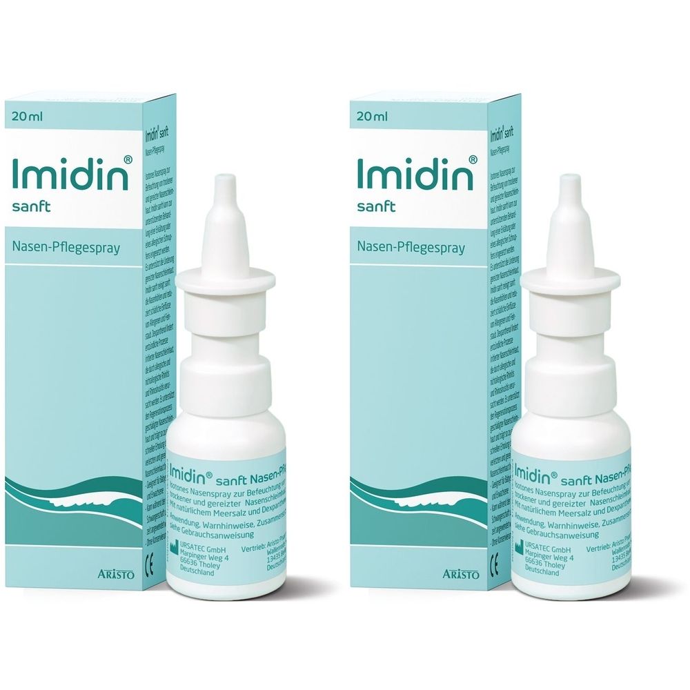 Zwei Flaschen und Verpackungen von Imidin sanft Nasen-Pflegespray. Weiße Flaschen mit Sprühaufsatz, blaue Verpackung mit Produktnamen.