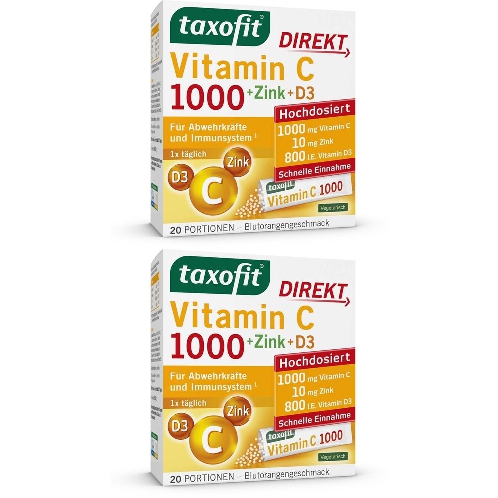 Zwei Packungen taxofit Vitamin C 1000 + Zink + D3 Direkt. Weiße Verpackung mit grünen und gelben Akzenten. Text: Vitamin C 1000, Zink, D3.