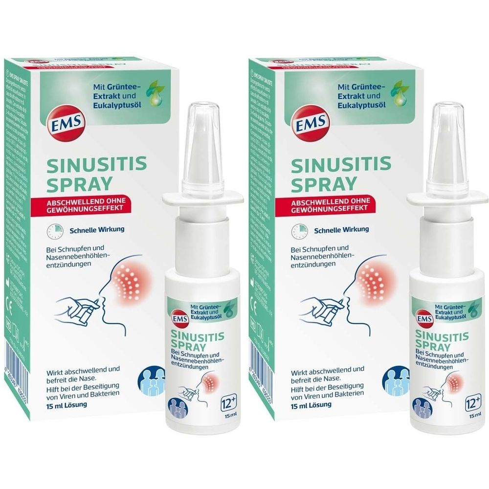 Zwei Packungen und Sprays. Aufschrift: EMS SINUSITIS SPRAY. Mit Grüntee-Extrakt und Eukalyptusöl. Abschwellend ohne Gewöhnungseffekt.