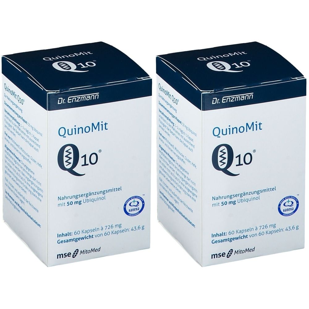 Zwei weiße Kartons mit blauer Oberseite. Aufschrift: QuinoMit Q10, Dr. Enzmann, Nahrungsergänzungsmittel mit 50 mg Ubiquinol. mse MitoMed.
