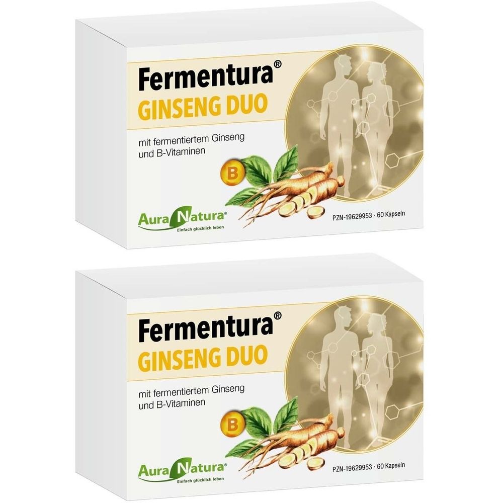 Zwei weiße Kartons mit Produktaufdruck. Aufschrift: Fermentura Ginseng Duo. Enthält fermentierten Ginseng und B-Vitamine. Marke: Aura Natura.
