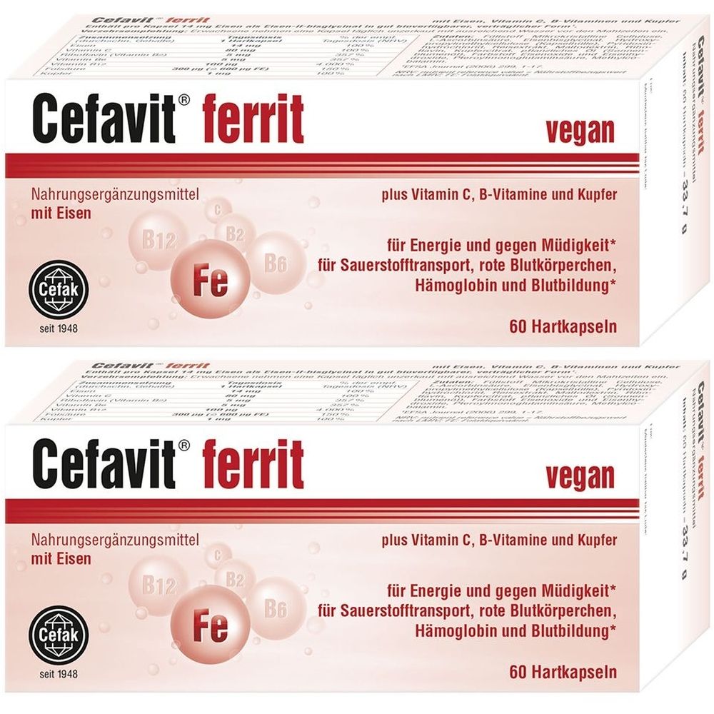 Zwei Packungen Cefavit ferrit. Aufschrift: Nahrungsergänzungsmittel mit Eisen, plus Vitamin C, B-Vitamine und Kupfer. 60 Hartkapseln. Vegan.