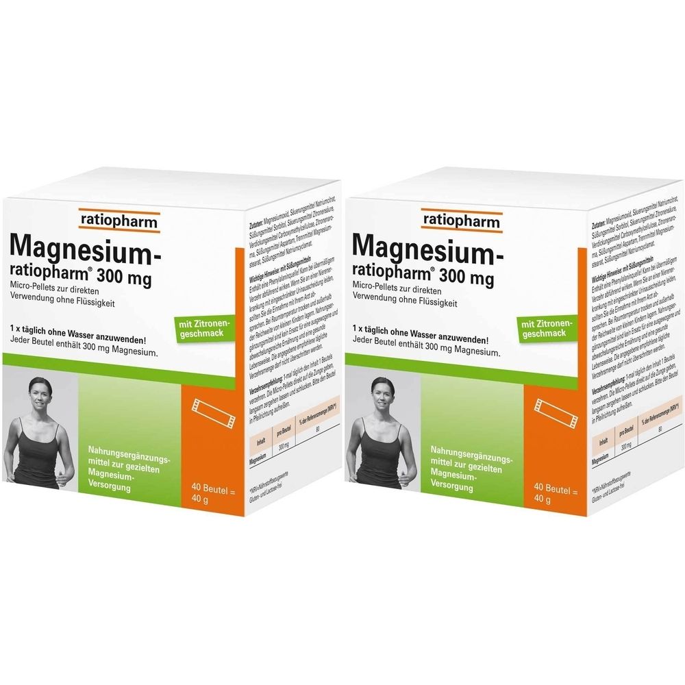 Zwei Kartons Magnesium-ratiopharm 300 mg. Weiße Verpackung mit Produktinformationen und Frauendarstellung. 40 Beutel.