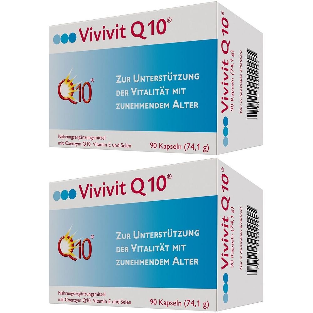 Zwei Schachteln Vivivit Q10 Kapseln. Weiße Verpackung mit blauer und roter Schrift. Enthält 90 Kapseln.