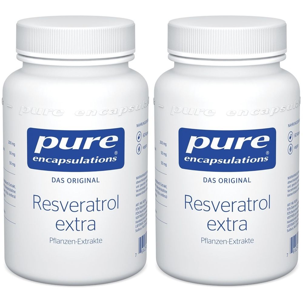 Zwei weiße Flaschen mit blauen Etiketten. Aufschrift: Pure Encapsulations Resveratrol extra. Pflanzen-Extrakte.