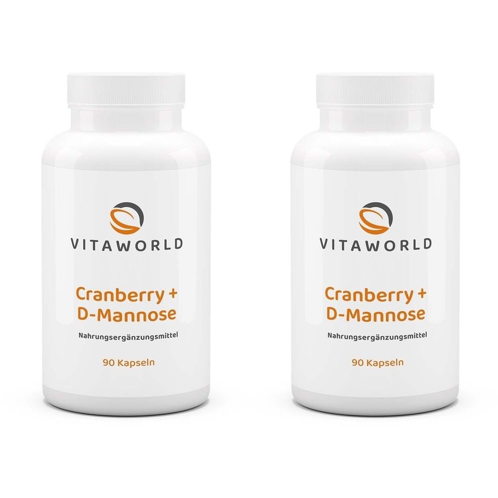 Zwei weiße Flaschen mit Etiketten. Auf den Etiketten steht "VITAWORLD", "Cranberry + D-Mannose" und "90 Kapseln".