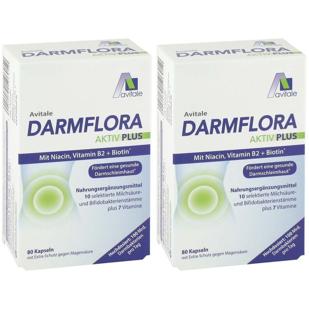 Zwei weiße Kartons mit Produktnamen "Darmflora Aktiv Plus". Enthält 80 Kapseln. Enthält 7 Vitamine und Milchsäurebakterien.
