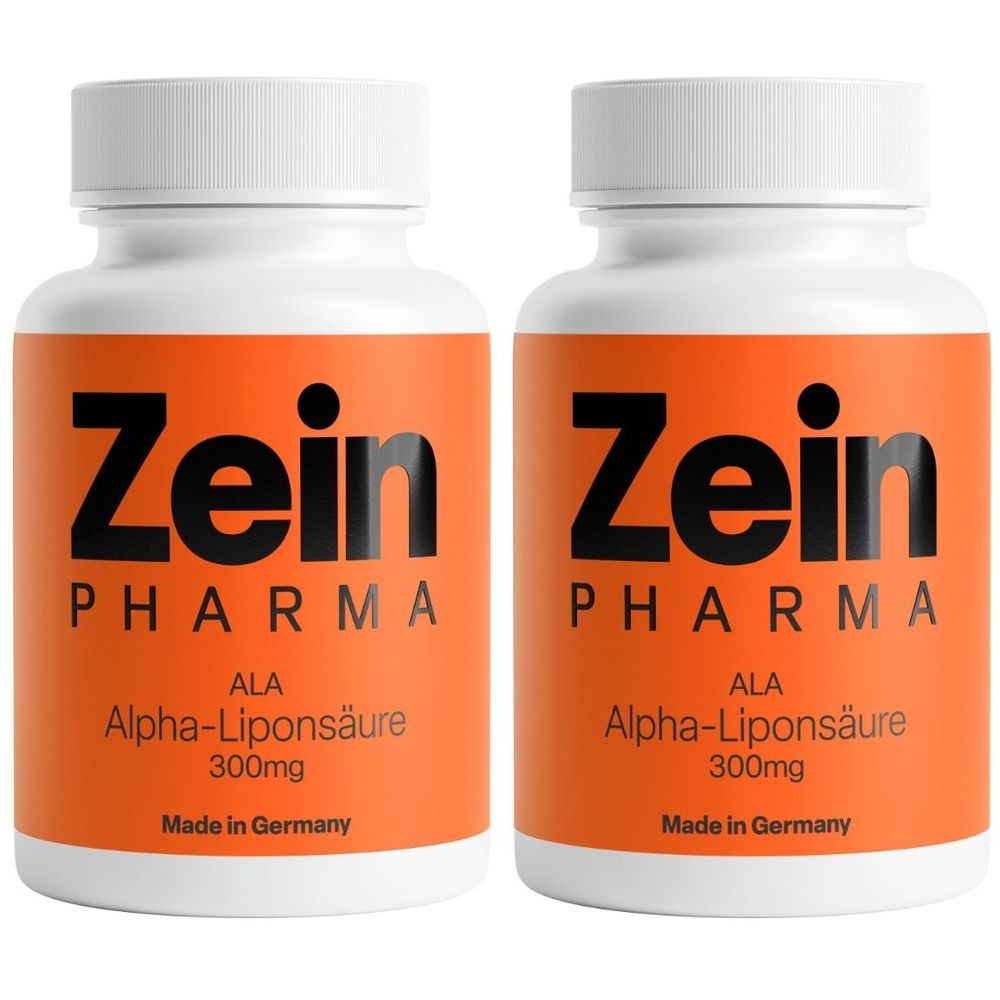 Zwei weiße Flaschen mit orangefarbenen Etiketten. Aufschrift: Zein Pharma, Alpha-Liponsäure 300mg. Hergestellt in Deutschland.