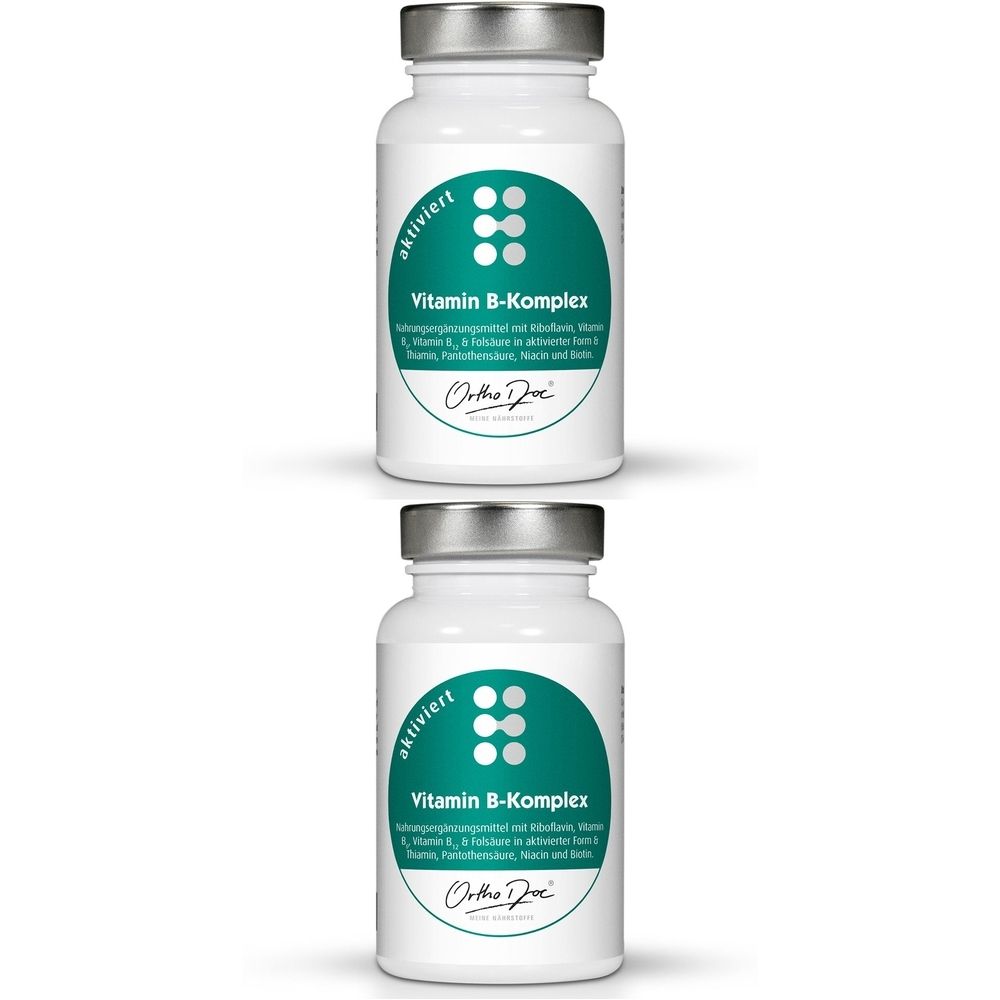 Zwei weiße Flaschen mit silbernen Deckeln. Aufschrift: Vitamin B-Komplex. Marke: OrthoDoc.