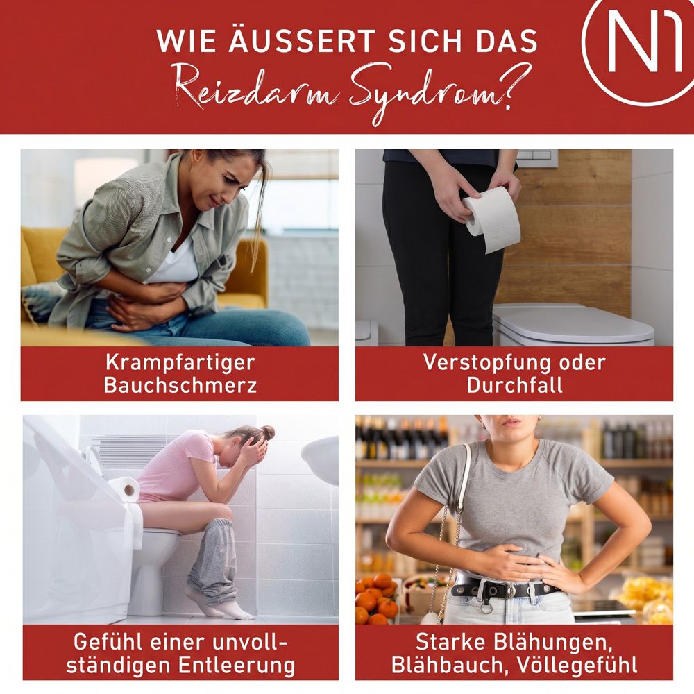 Symptome des Reizdarmsyndroms: Bauchschmerzen, Verstopfung, Durchfall, Völlegefühl.