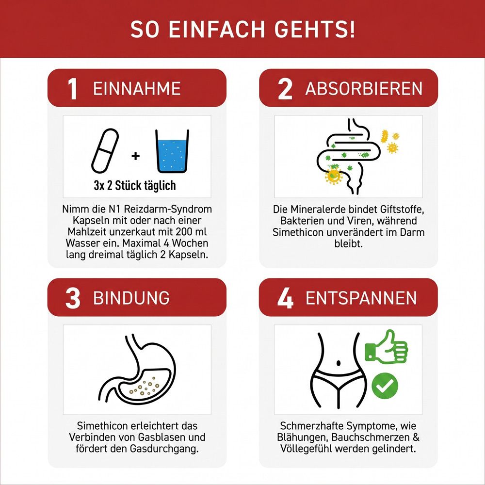 Vier Schritte zur Anwendung von N1 Reizdarm Kapseln: Einnahme, Absorption, Bindung, Entspannung.