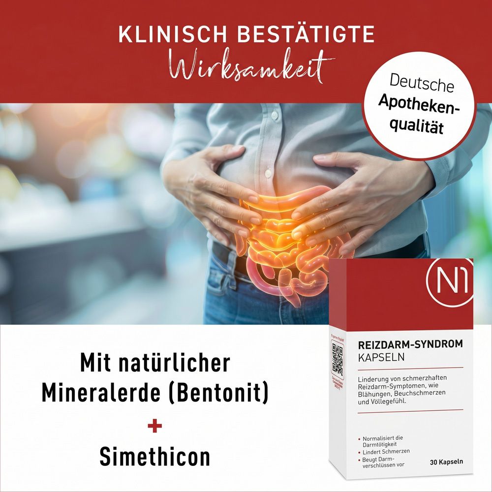 Mann mit schmerzhaftem Darm. N1 Reizdarm Kapseln mit Bentonit und Simethicon.
