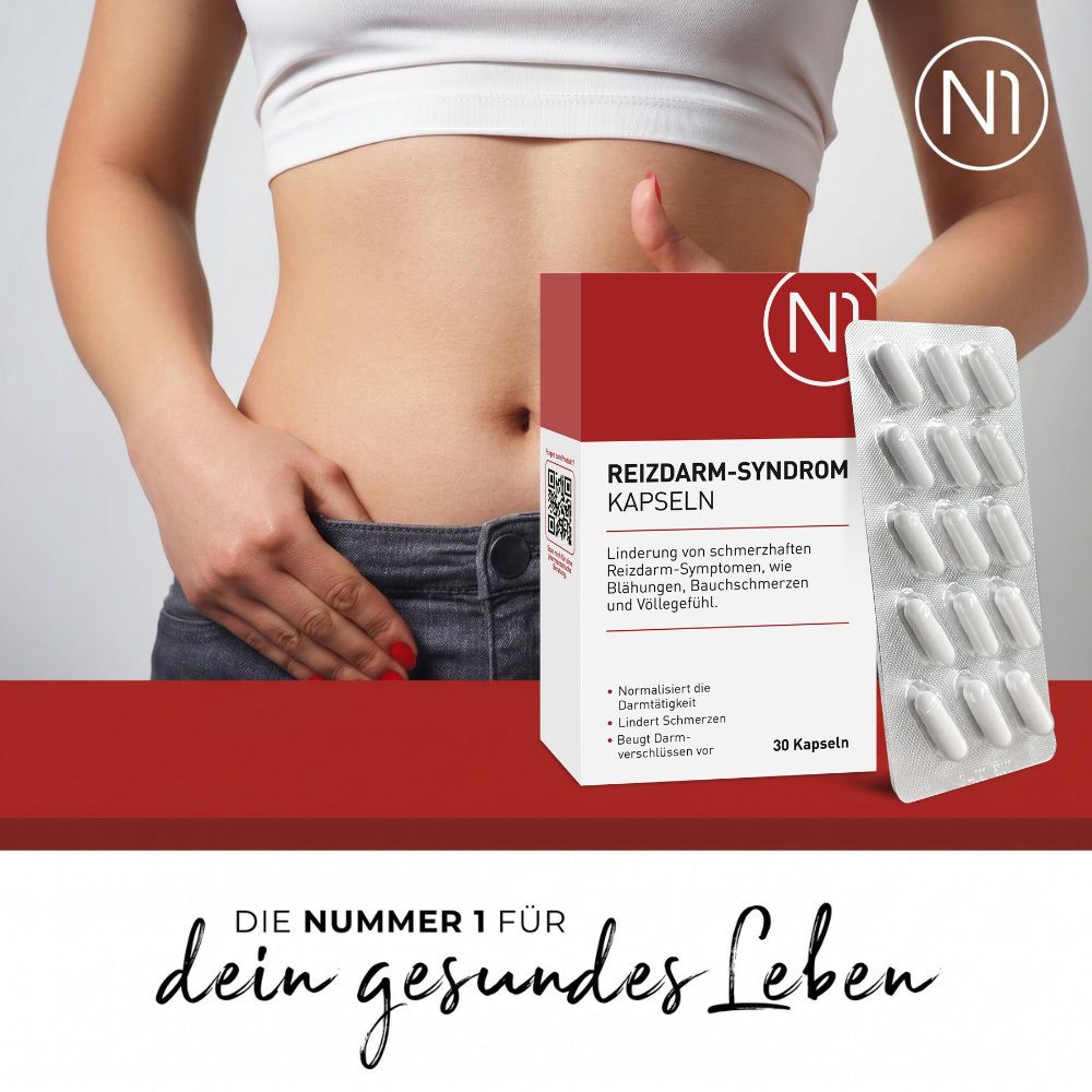 Frau mit Bauchschmerzen. N1 Reizdarm Kapseln und eine Blisterpackung.