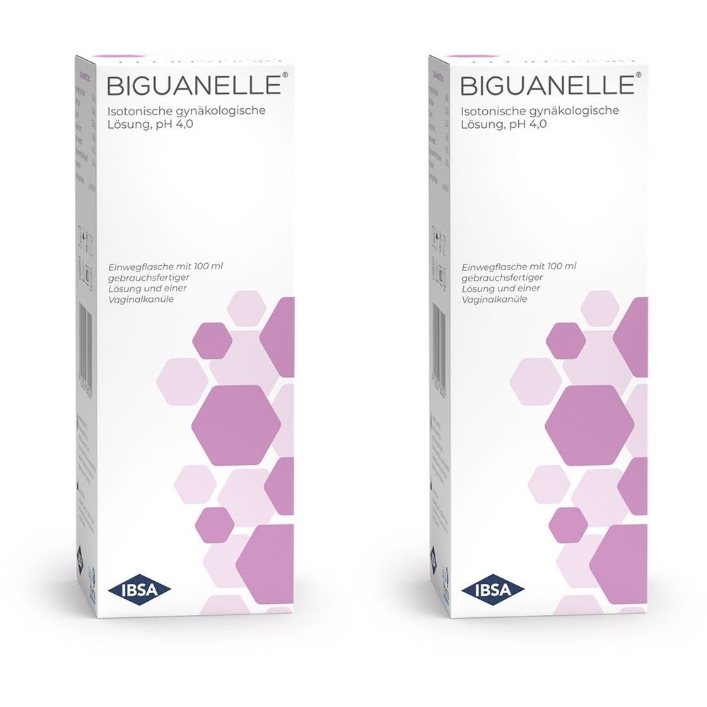Zwei Packungen mit Produktnamen und pH-Wert. Aufschrift: Isotonische gynäkologische Lösung. Marke IBSA.