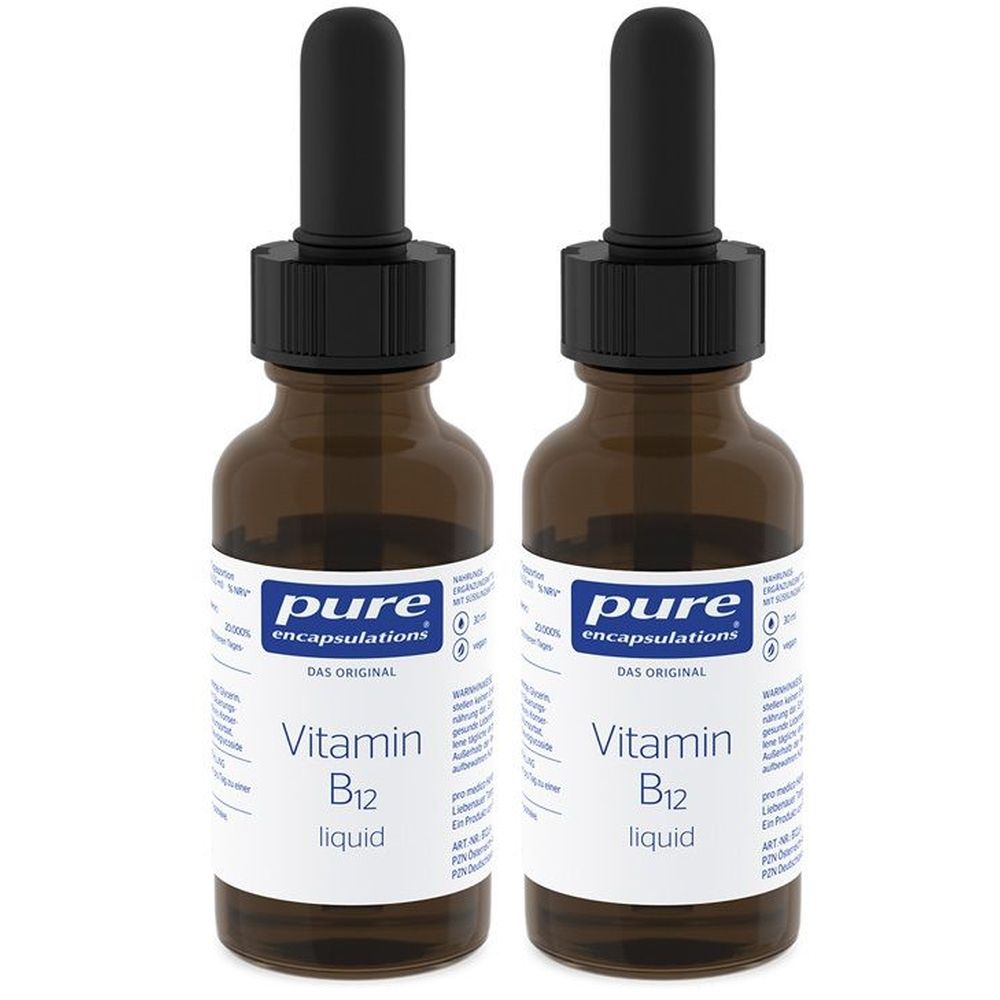 Zwei Flaschen Vitamin B12 Liquid. Braune Glasflaschen mit schwarzen Pipetten. Auf den Etiketten steht "pure encapsulations" und "Vitamin B12 liquid".