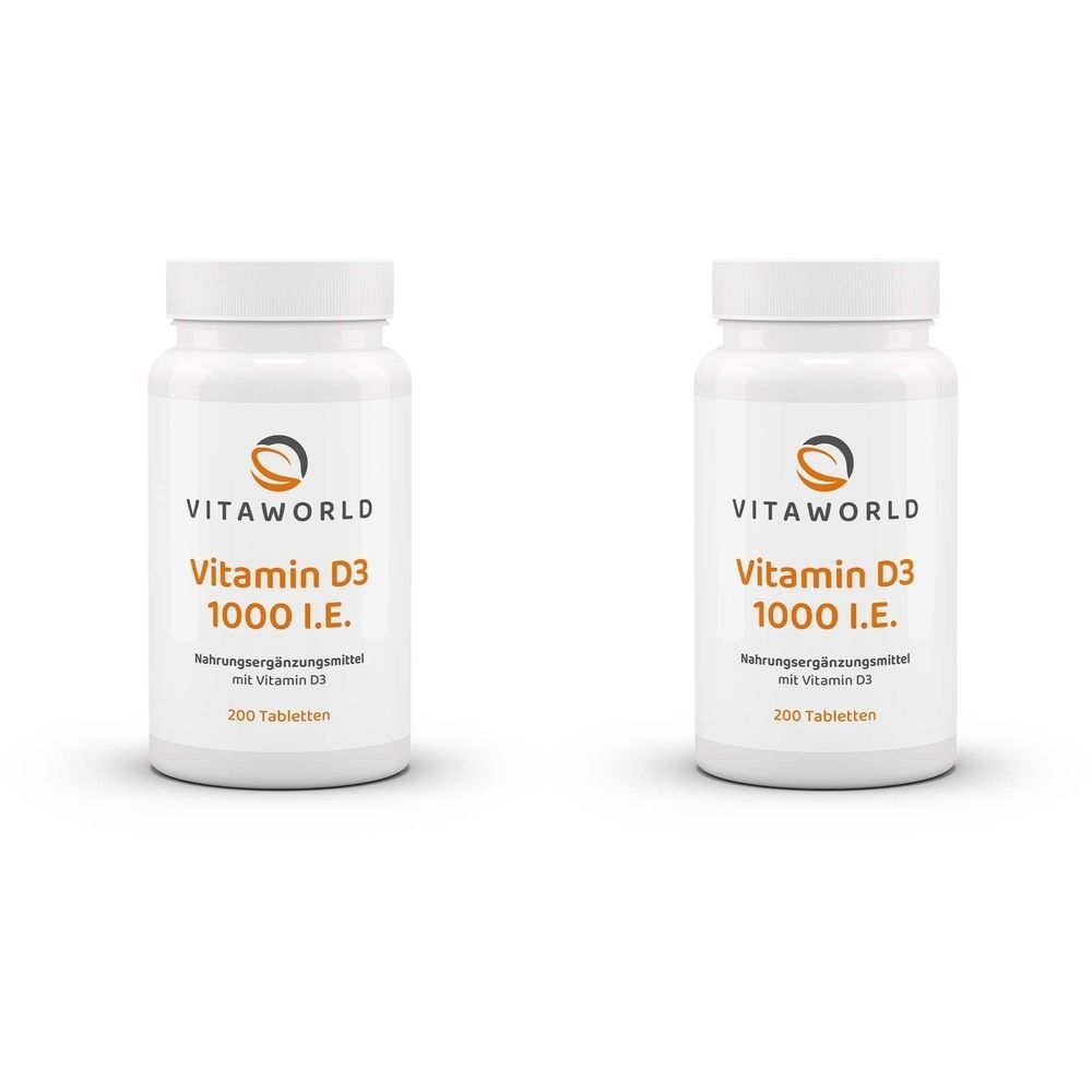 Zwei weiße Flaschen mit Schraubverschluss. Aufschrift: VITAWORLD, Vitamin D3 1000 I.E., Nahrungsergänzungsmittel, 200 Tabletten.
