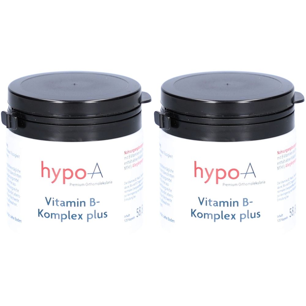 Zwei weiße Dosen mit schwarzem Deckel. Aufschrift: hypo-A Vitamin B-Komplex plus. Premium Orthomolekular. Mit Klappverschluss.