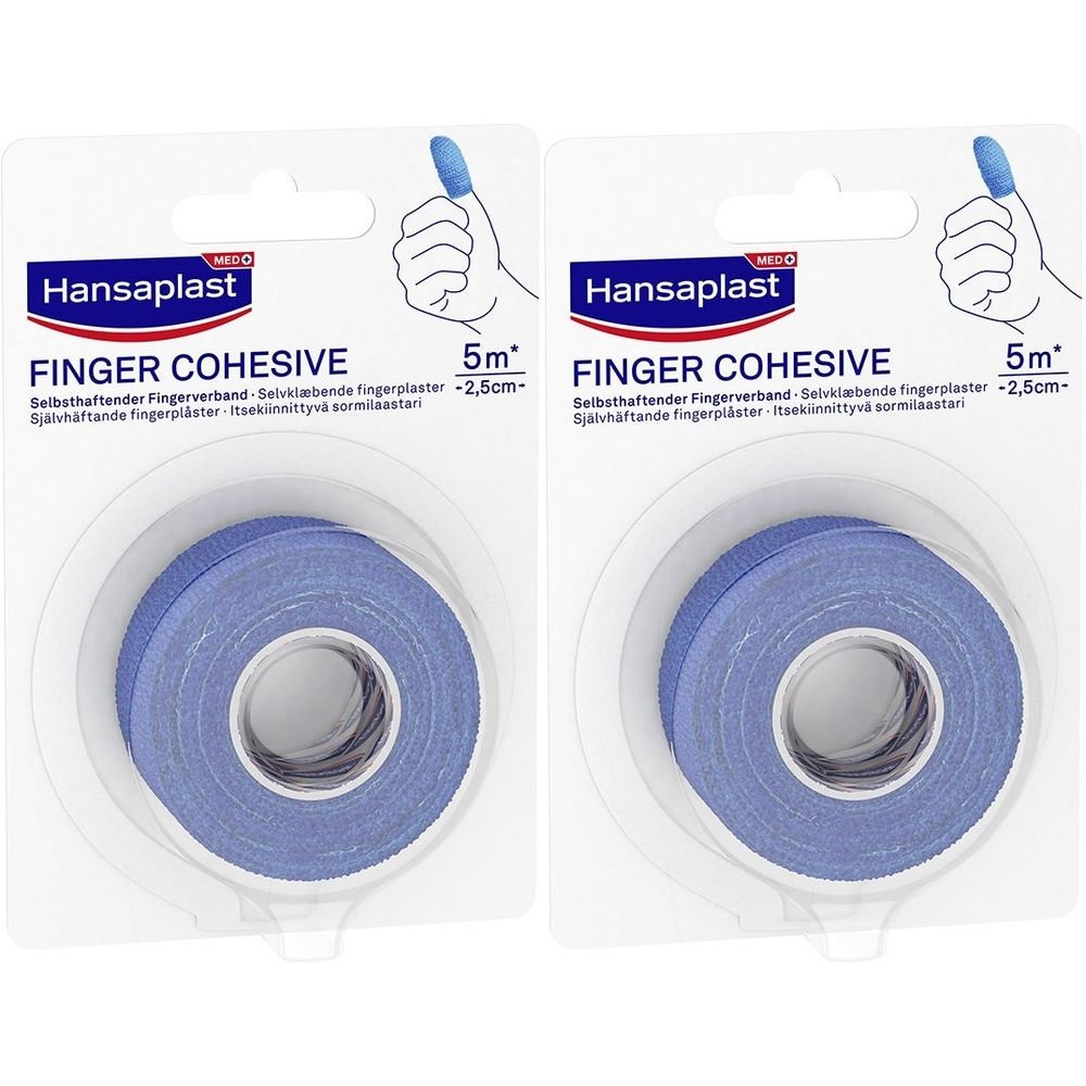 Zwei Packungen Hansaplast Fingerverband. Jede Packung enthält eine Rolle selbsthaftendes, blaues Verbandsmaterial. Aufschrift: FINGER COHESIVE.