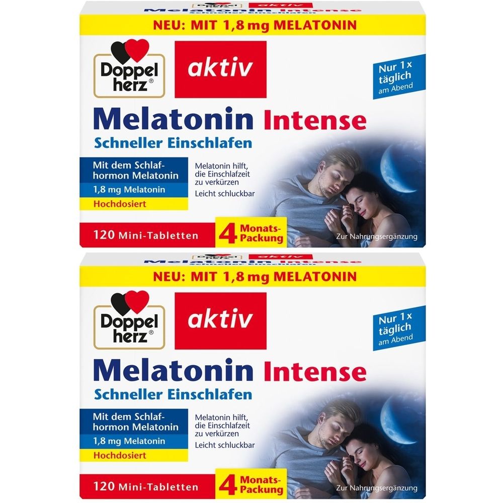 Zwei Packungen Doppelherz aktiv Melatonin Intense. Aufschrift: 1,8 mg Melatonin, 120 Mini-Tabletten, 4 Monats-Packung. Abbildung eines schlafenden Paares.