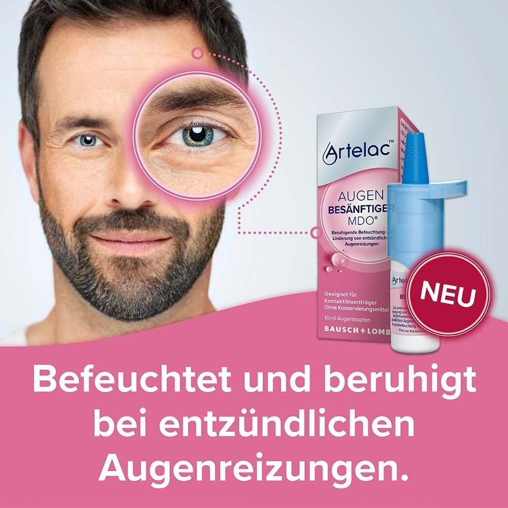 Mann mit gereiztem Auge, daneben Artelac AUGENBESÄNFTIGER MDO®. "NEU"-Aufkleber auf der Packung.