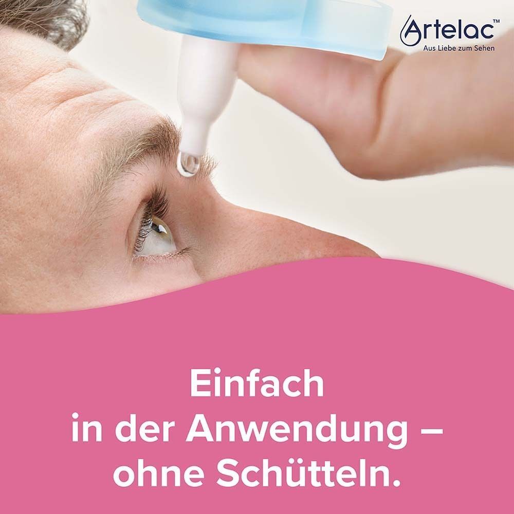Nahaufnahme: Artelac Augentropfen werden auf ein Auge aufgetragen. Einfache Anwendung ohne Schütteln.