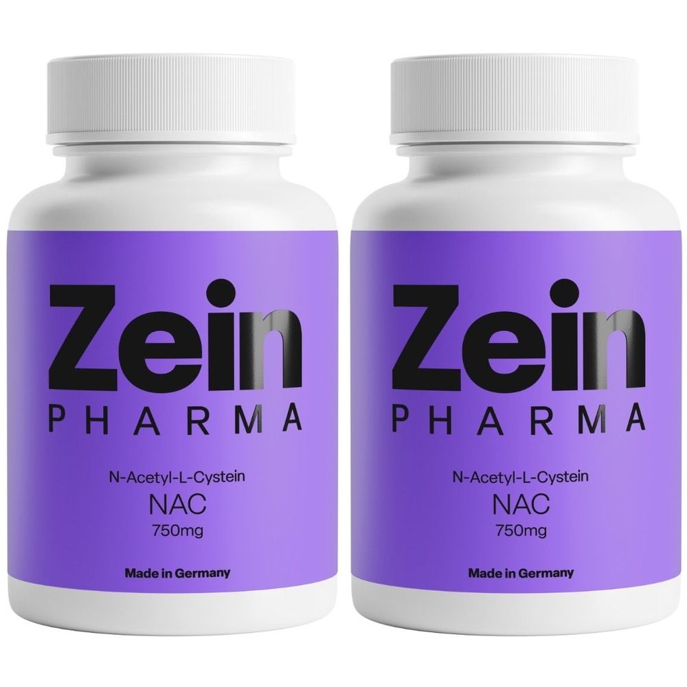 Zwei Flaschen mit lila Etikett. Aufschrift: Zein Pharma, NAC 750mg. Hergestellt in Deutschland.