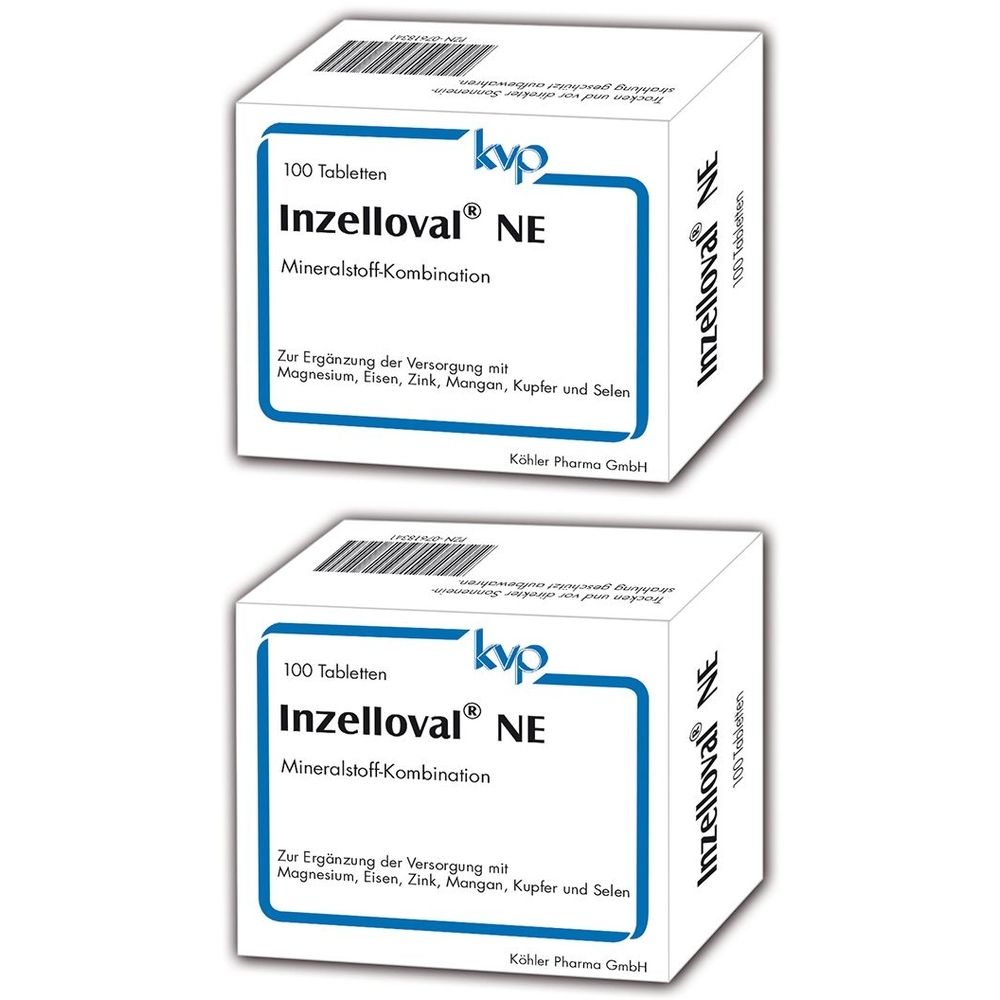 Zwei Schachteln Inzelloval NE. Aufschrift: Mineralstoff Kombination. Enthält Magnesium, Eisen, Zink, Mangan, Kupfer und Selen. 100 Tabletten.