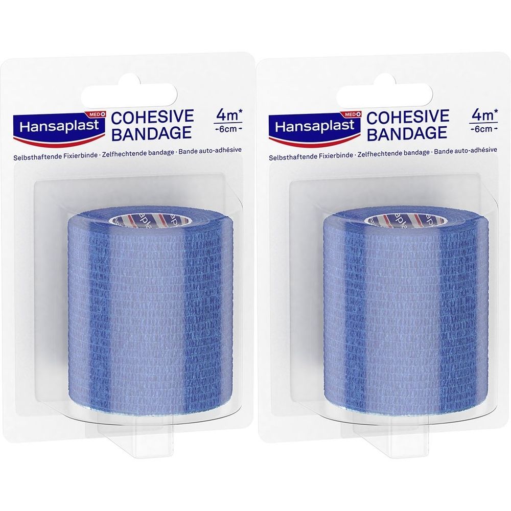 Zwei Rollen blauer, selbsthaftender Fixierverband in Verpackung. Aufschrift: Hansaplast COHESIVE BANDAGE, 4m x 6cm.