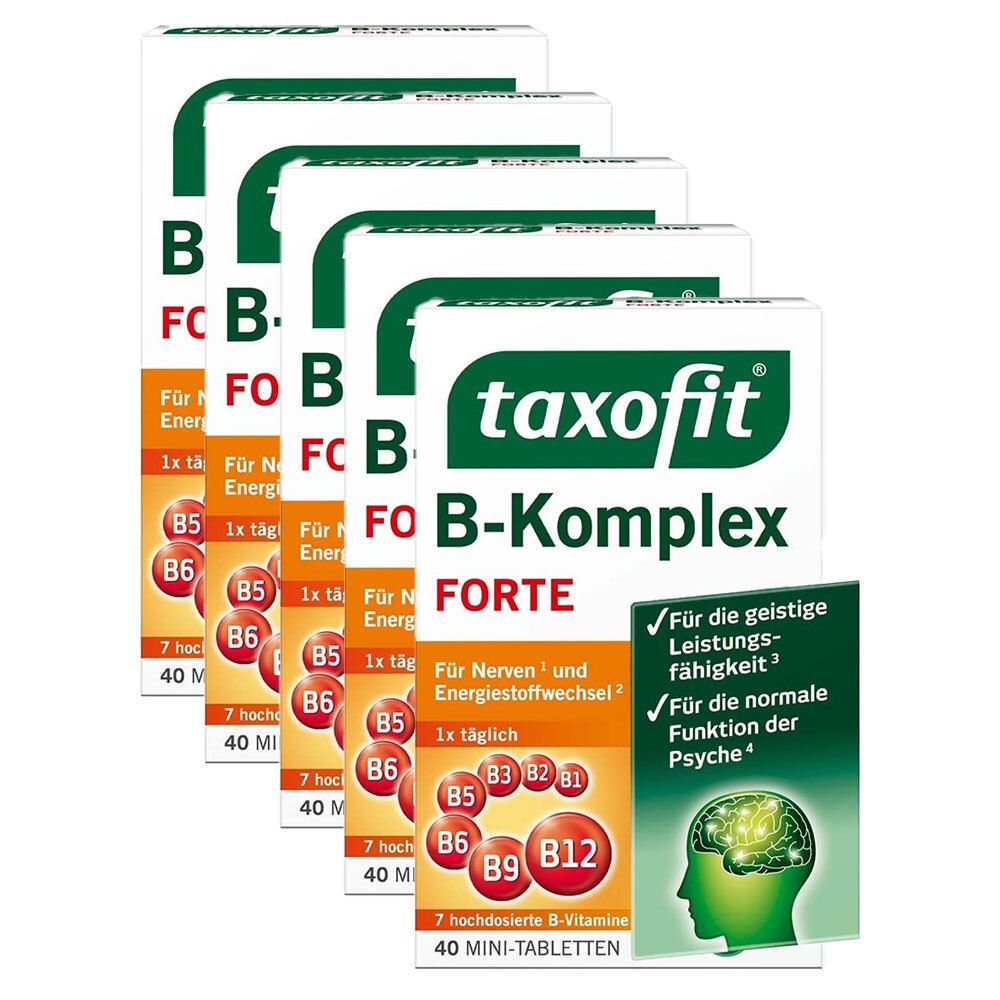 Mehrere Packungen taxofit B-Komplex Forte. Weiße Schachteln mit grüner Schrift. Enthält 40 Mini-Tabletten. Aufdruck mit Vitaminen B5, B6, B9, B12.