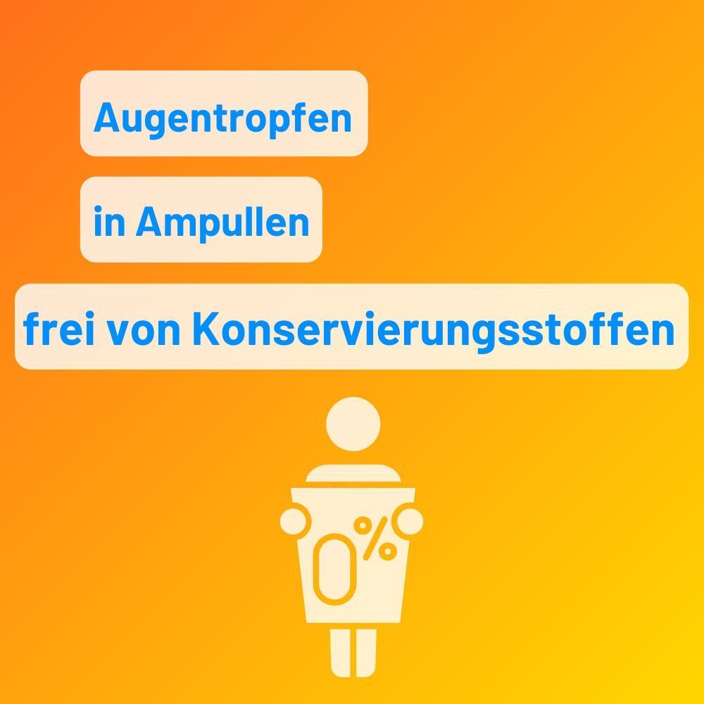 Symbol einer Person mit "0% Konservierungsstoffe". Augentropfen in Einzeldosispipetten.