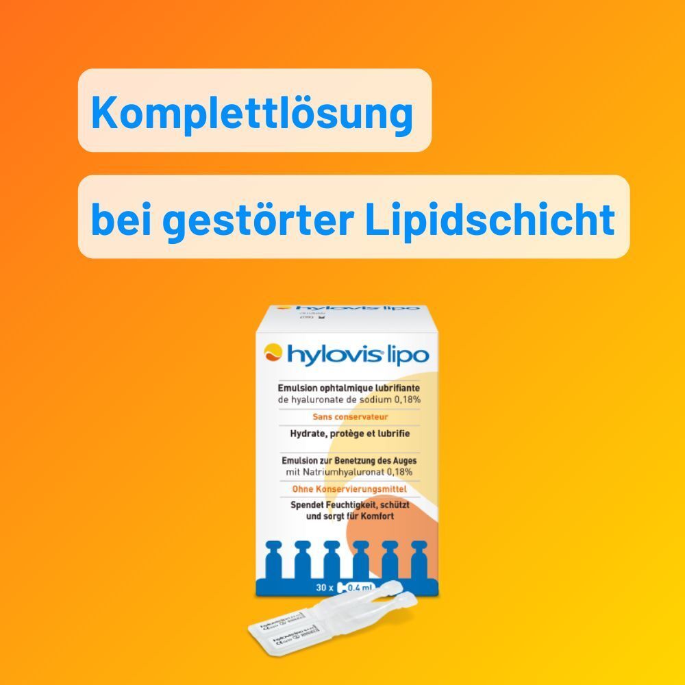 Packung HYLOVIS LIPO Augentropfen und eine Einzeldosispipette. Komplettlösung bei gestörter Lipidschicht.